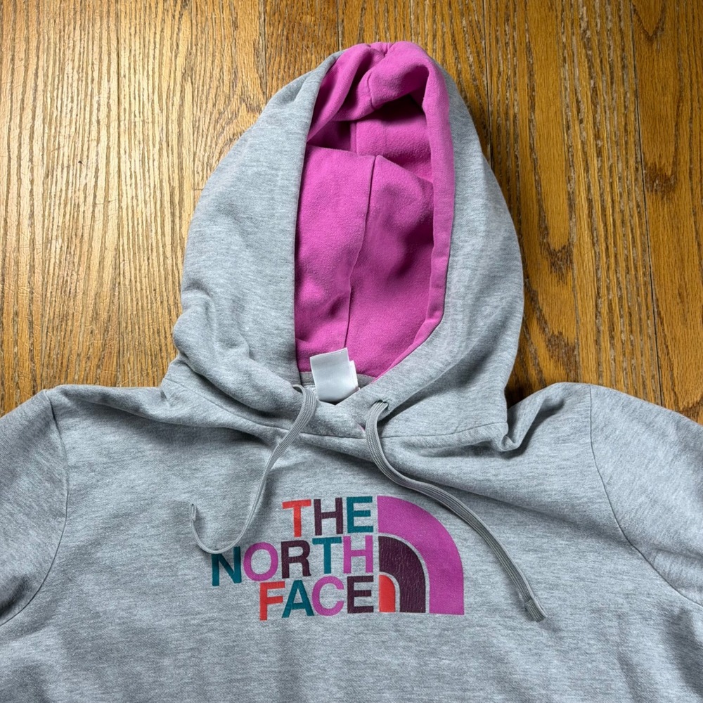 The North Face Womens Gray Pink Logo Pullover Hoodie Sweatshirt Size L Large